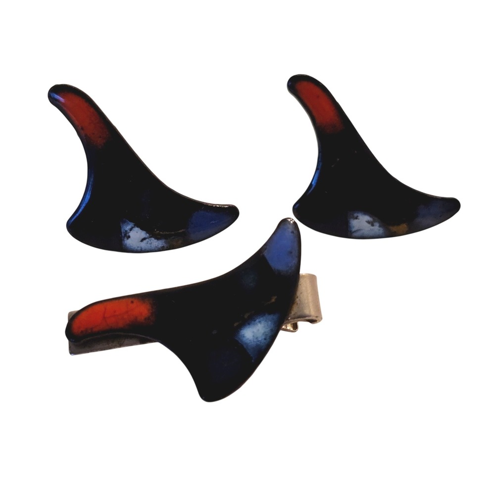 Vintage MCM Enamel Cufflink Tie Clip Set Black Orange Blue Abstract Boomerang